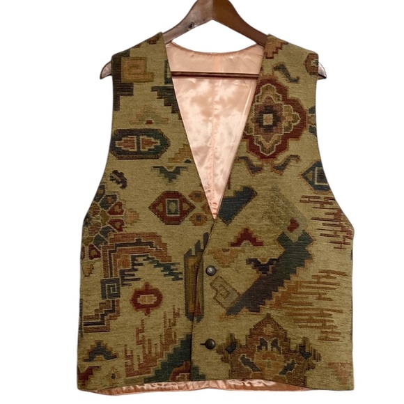Vintage Tapestry Vest Womens XXL Tan Blue Southwestern Corduroy Waistcoat - Picture 1 of 12